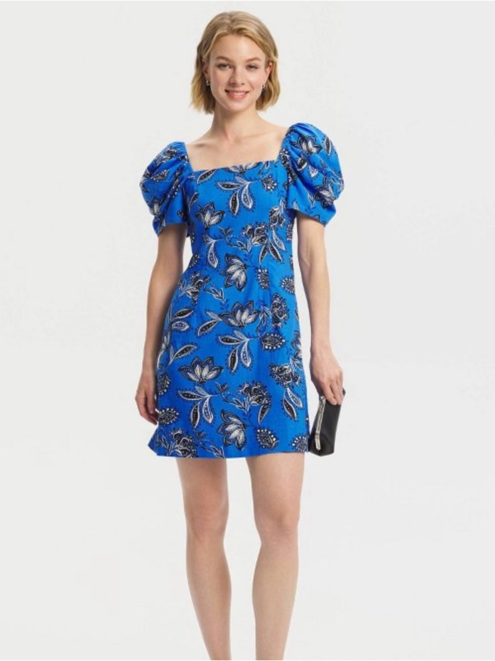 a new day Bold Blue Floral Puff-Sleeve Mini Dress